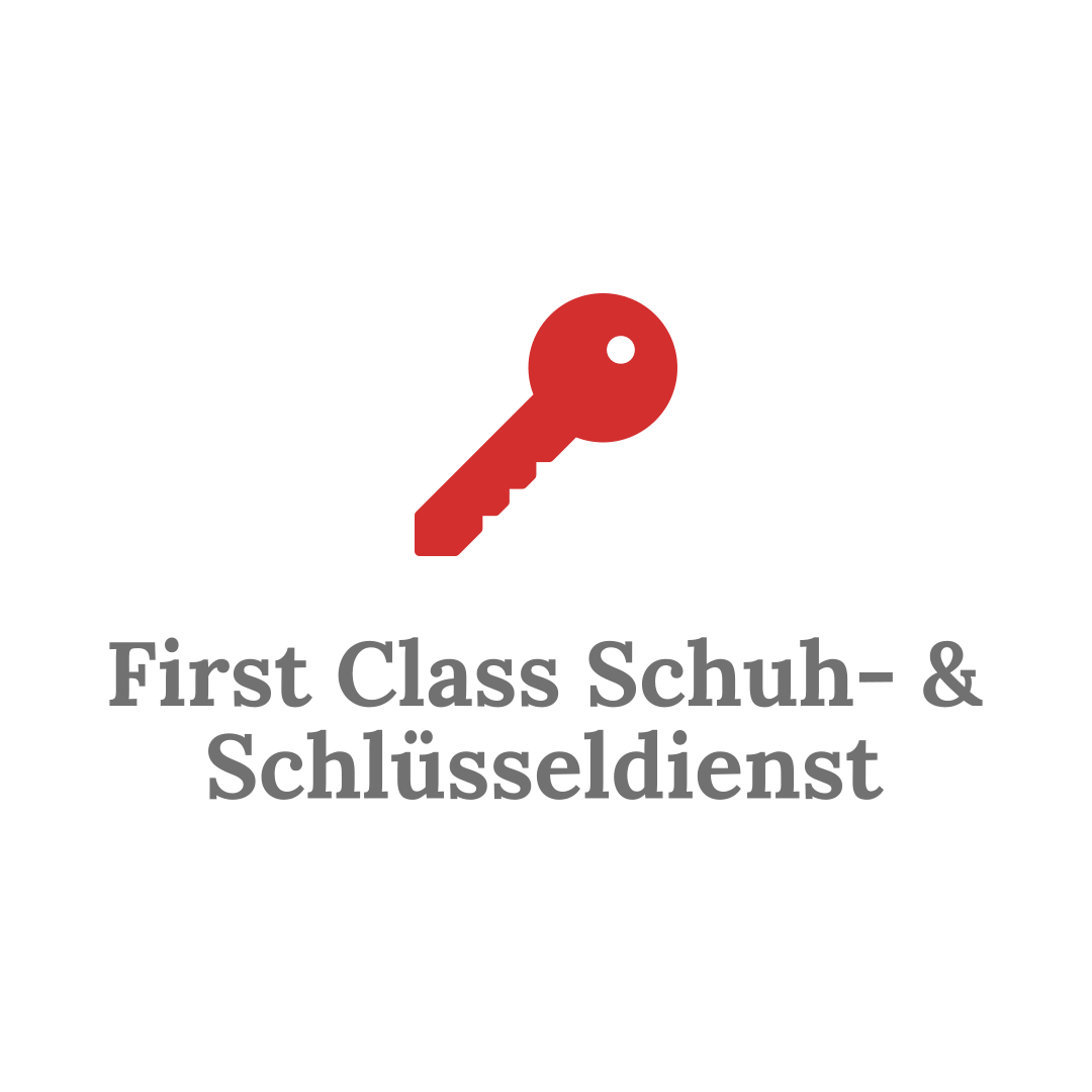 Schlüsselnotdienst Logo des First Class Schuh- und Schlüsselservices mit einem roten Schlüssel und Schriftzug.